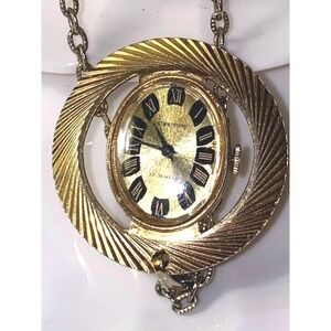 🍂 Vintage‎ Stratford 17J Pendant Watch Necklace Gold-Tone Base Metal Roman Dial